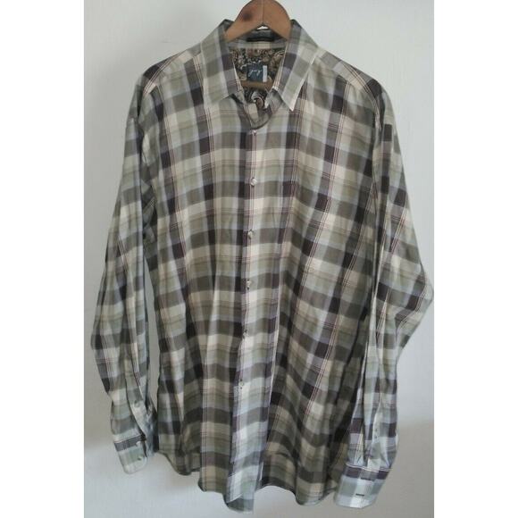 Jaz Men's Button Up Contrasting Trim Shirt Tan Plaid Shirt Large USA Made - Picture 1 of 6
